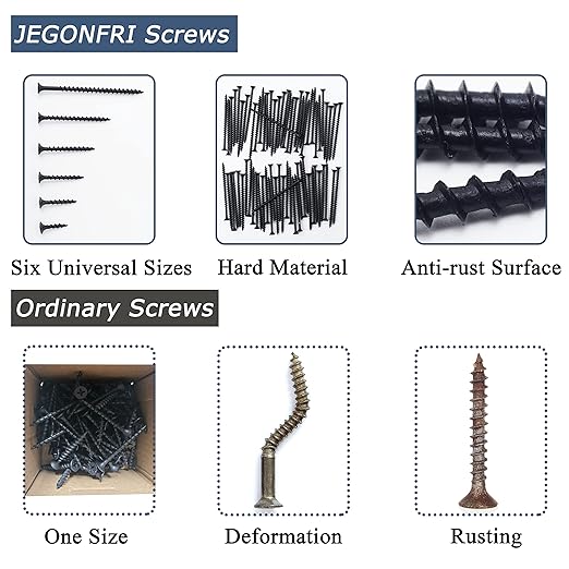 High Hardness Drywall Screws Assortment Kit, 166 pcs, Coarse Thread, Phillips Drive, Black Wood Screws, Screws Assortment, Screws Set, 6 Sizes (3??2??1-1/2??1-1/4??1??3/4??