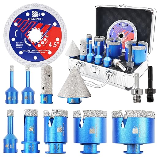 Diamond Core Drill Bit Set - BRSCHNITT Tile Hole Saw Kit 1/4" 5/16" 3/8" 4/5" 1-3/8"2" 2-1/2" & 4/5" Finger Bit & 2" Chamfer Bit for Porcelain Tile Ceramic Marble Granite & Diamond Blade