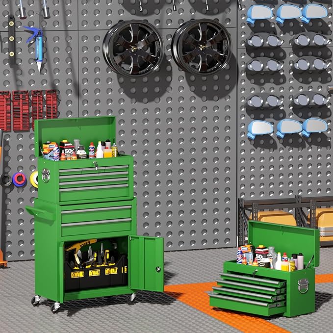 INTERGREAT Tool Chest, 8 Drawer Rolling Tool Chest with Drawers, Detachable Top Tool Box, and Locking Mechanism, Metal Tool Cart with Liner and 6 Hooks for Garage, Workshop, Green