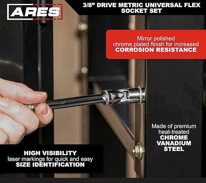 ARES 39015 ??10-Piece 3/8-Inch Drive Metric Universal Flex Socket Set ??6-Point Sockets from 10mm to 19mm - Universal Joint Flex Design For 360 Degree Access ??High Visibility Laser Markings