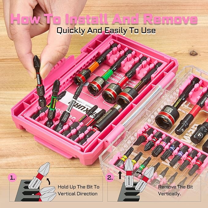 29Pieces Impact Screwdriver Bits Set, Magnetic S2 Steel 1??2??Phillips/Square/Torx/Slotted Bits Tips,Impact Bit Holder and Nut Driver and Socket Adapter Set with Pink Storage Box Case