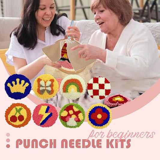 Punch Needle Kit for Beginners Adults Easy Needle Punch Embroidery Tool Set Including Threader Instruction Fabric Hoop Yarn Coaster DIY Making Kit Supplies,Set of 8 Vintage 80S Art Crafts Gifts
