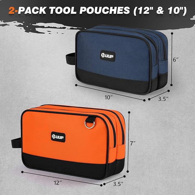 Small Tool Bag 2 Pack, Zipper Tool Pouch Two Compartments, 10 12 inch Utility ToolBag with Carrying Handle, Tool box Storage Organizer for Electrician Mechanic, Gift for Men Dad, Orange/Blue
