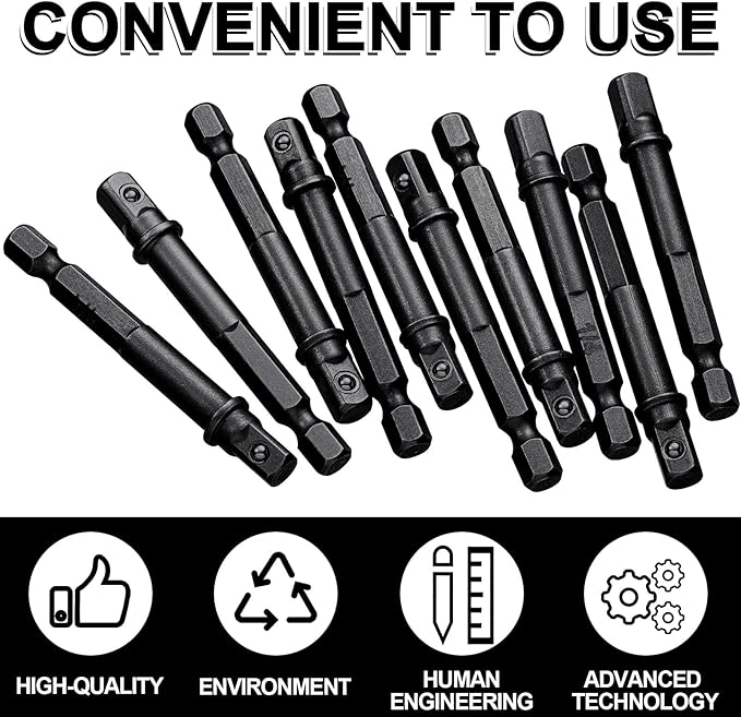 Impact Adapter Square Socket for Drills Extension Driver Bits Hex Impact Socket Adapter for Automotive DIY(1/4 Inch Square Tip,Black)