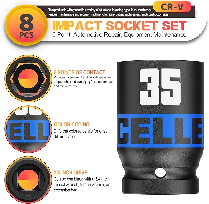 8 Piece 3/4-Inch Drive Impact Socket Set, 26-38mm Jumbo Sockets, Metric Alxe Nut Sockets for Automotive Repair, Equipment Maintenance