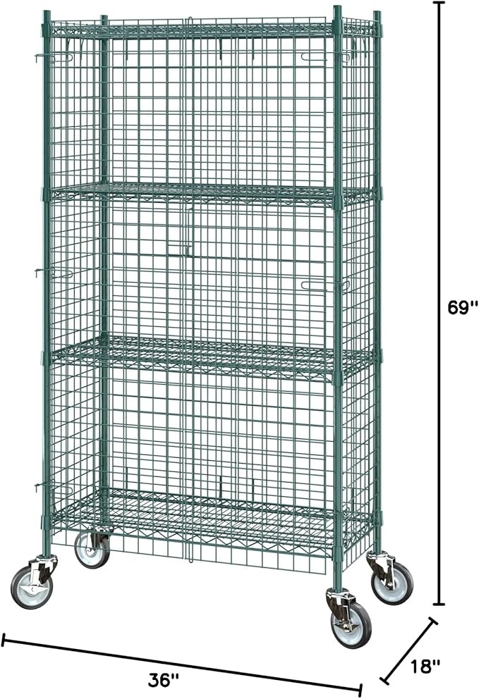 Commercial Grade NSF Listed Metal Wire Mesh Storage Green Epoxy Mobile Security Cage Kit, 18" x 36" x 70", Perfect for Warehouse, Walk-in Refrigerator, Freezer, Grocery Store, Restaurant, Dishroom