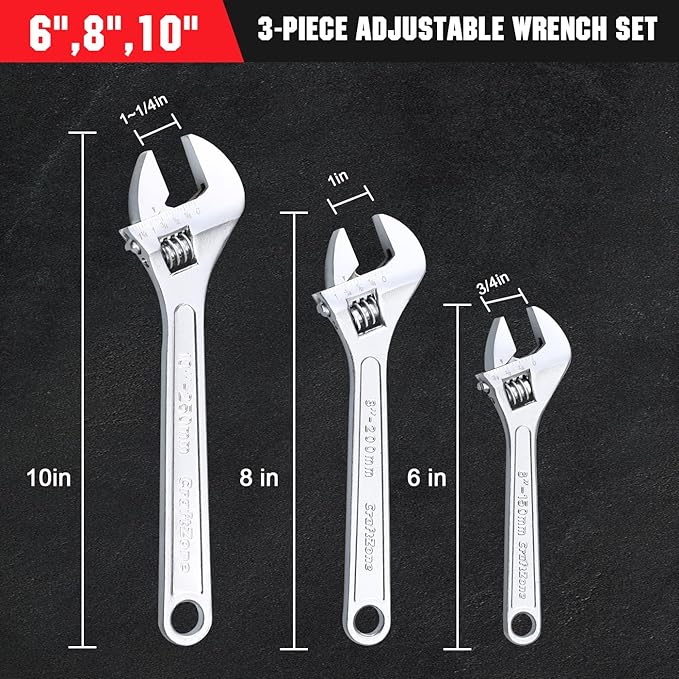 CRAFTZONE Adjustable Wrench Set, 3pc Wrench Sets with SAE and Metric Scales, Heat-Treated Carbon Steel with Chrome Plated, Wide Jaw Wrenches for Home, Plumbing, Garage (6, 8, 10 Inch)
