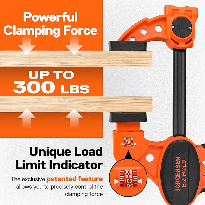 Jorgensen Bar Clamps For Woodworking, 12" 2-Pack One-Handed Clamps/Spreader with Load Limit Indicator, Quick Grip Bar Clamps E-Z Hold F Clamps Set with 300 lbs Load Limit, Medium Duty