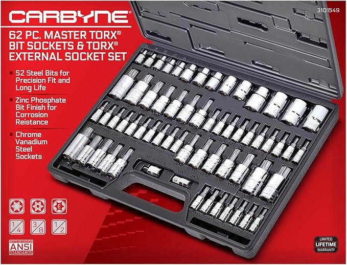 CARBYNE 62-Piece Master Torx Bit Socket Set & External (eTorx) Socket Set, Includes T6 - T70, TT6 - TT70, TP8 - TP60, E4 - E24| S2 Steel Bits, Cr-V Sockets, Durable Case | 1/4, 3/8, & 1/2 in. Drive