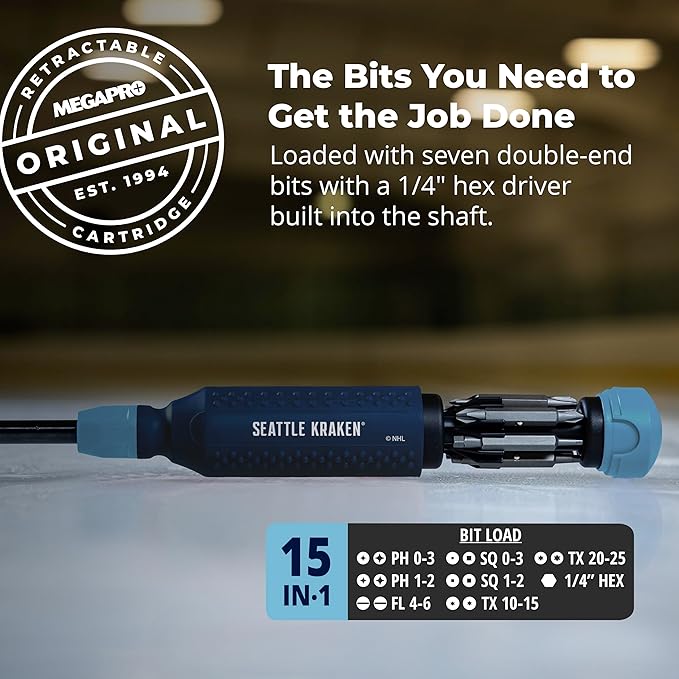 MEGAPRO짰 NHL짰 Team Edition Multi-bit Screwdriver | Officially Licensed NHL짰 Gear | Durable, Ergonomic, Pro-Grade Screwdriver (Seattle Kraken짰)