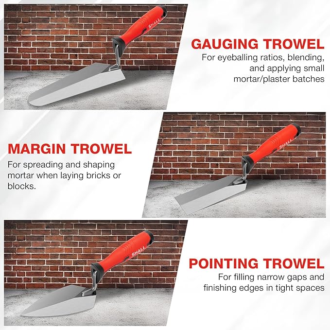 SHALL 3-Piece Masonry Tools Set, 6?쇺?Margin Trowel, 5.5?쇺?Pointing and 7?쇺?Gauging Trowel with Soft Grip Handle, Bricklaying Hand Tool for Concrete, Cement, Plaster, Tile Construction Projects