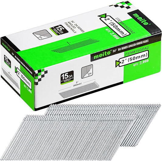 meite 15 Gauge Angled Finish Nails, 2-Inch 34 Degree DA Series Galvanized Finishing Nails for Nailer Guns - Perfect for Window Trim, Cabinet Building and Other DIY Projects (2,000 Counts)