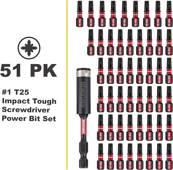 15Pieces T25 1 In. Insert Driver Bits, Impact Tough Magnetic #25 Torx Head Power Bits, S2 Alloy Steel T25 Screwdriver Bits Set with 1Pcs Impact Bit Holder, GT25025-051