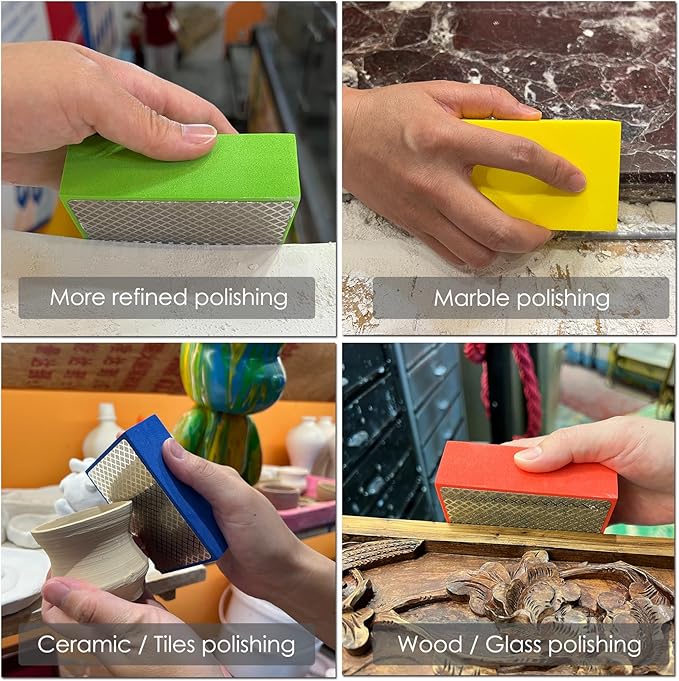 Diamond Hand Polishing Pads, Diamond Sanding Pads for Ceramic Tile Glass Stone Granite Wood Marble Metal, 4PCS Foam Backing Grinding Blocks Grit 60#,100#,200#,400#, Tile Tools