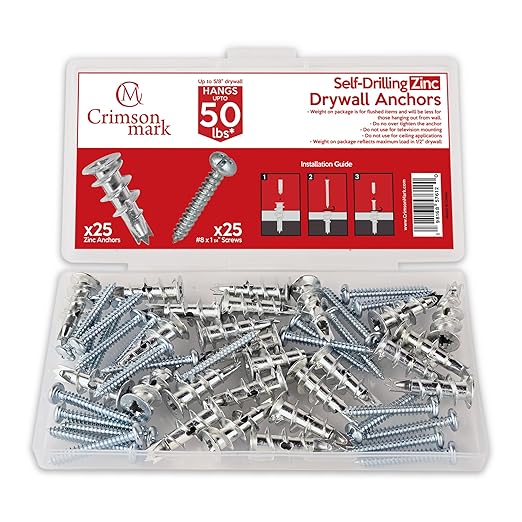 50Pcs Metal Self Drilling Drywall Anchors and Screws kit #8 x 1-1/4?? Superb Wall Anchors for Drywall, Holds Upto 50lbs ??No Drill Hole Required with These Dry Wall Screws and Anchors