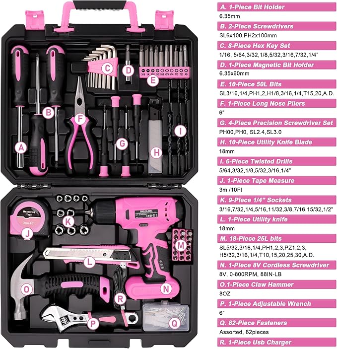 Pink Tool Set with 8V Cordless Drill, 158-Piece Home Repair Kit, General Household Hand Tools with Screwdriver, Pliers, Hammer, Wrench, knife, for women and men