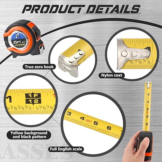 Youyole 10 Pack Tape Measure with Fractions 1/8 Steel Measuring Tape Retractable Easy Read Measurement Ruler Steel Power Blade (25 ft X 1 in,Orange)