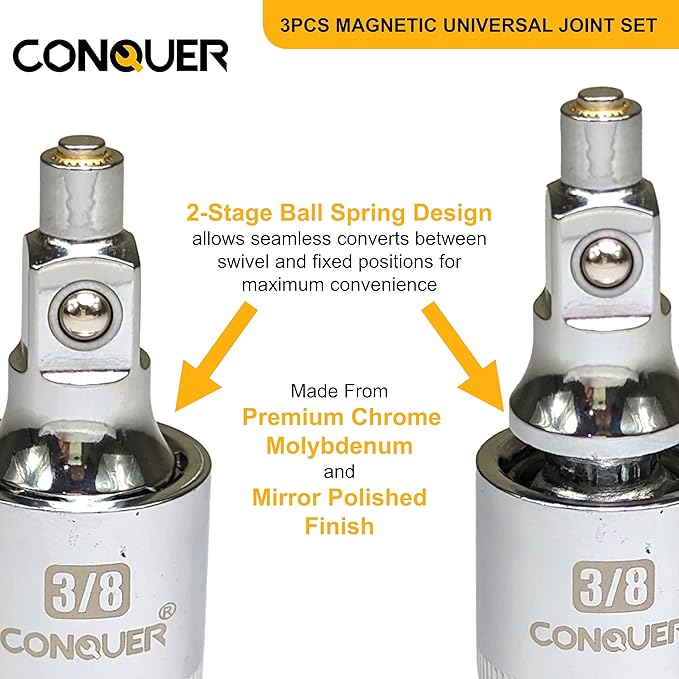 CONQUER Magnetic 2-Stage Universal Joint Socket Extension Set ??1/4", 3/8" & 1/2" Drive CR-MO Steel Adapters with Swivel & Fixed Positions, Magnetic Tip for Automotive, Mechanic & DIY Repairs