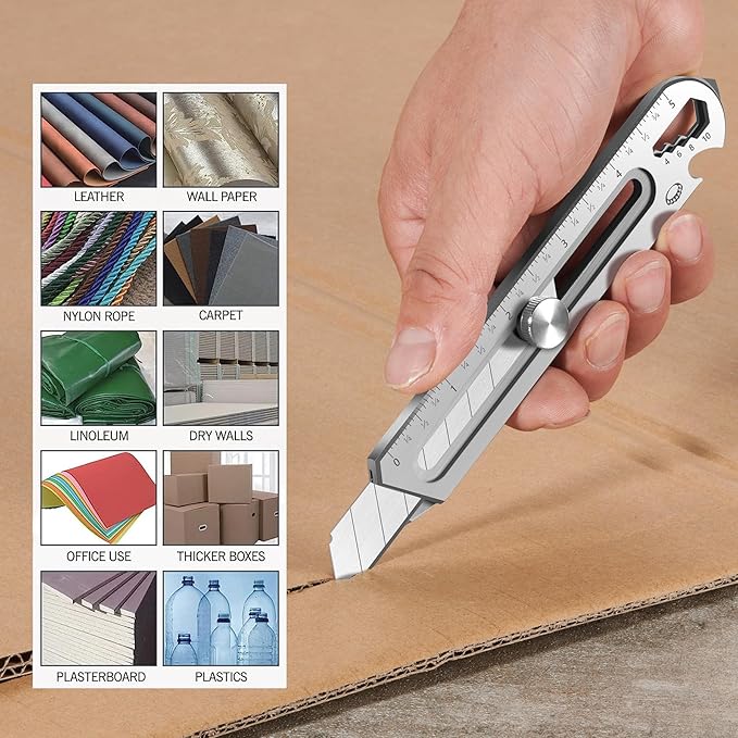 BECOWIN 7-In-1 Mutipurpose Utility Knife, Stainless Steel Retractable Box Cutter, Heavy Duty Snap off Cutter Knife with 10PC 18MM SK5 Blades, Safety Lock Design