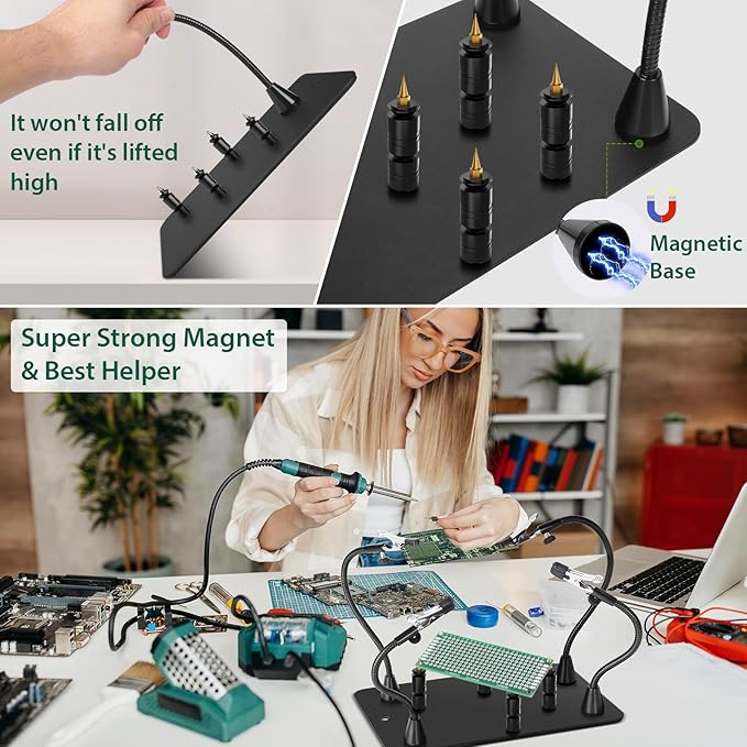 Super Magnetic Helping Hands Soldering Station, Third Hand Soldering Tool with Alligator Clips, 4 Flexible Gooseneck Arms & 4 PCB Circuit Board Holders for Electronic Repair Soldering Craft Hobby