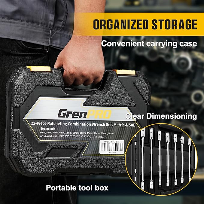 GRENPRO 23 Piece Ratcheting Wrench Set, Open End Wrench Set Metric And Standard 6-18mm & SAE 1/4"-3/4", Combination Wrenches Sets, Organizer Tool Box, 72 Tooth Large Wrench Hand Tools Set With 1 Gauge