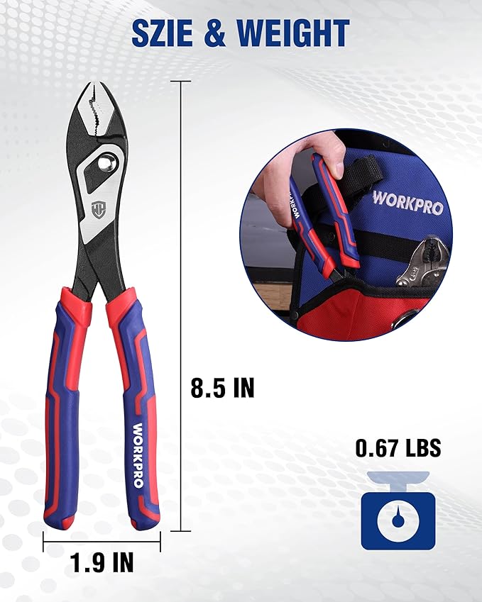 WORKPRO 8.5 Inch Slip Joint Pliers, High Carbon Steel Pliers Tool with 4-Modes Adjustment, TPR Handle, Box-joint Design, Diamond-Grip Jaws with Nail Puller Teeth For Maximum Grip