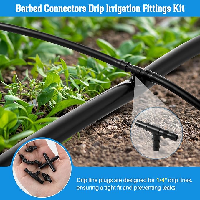 Feekoon Drip Irrigation Punch Hole Tubing Cutter Tools with Barbed Connectors, 2-in-One Drip Tubing Hole Punch for 1/4 Inch Fitting 16 20 25 mm PE Pipe and Emitter(345 Irrigation Plugs)