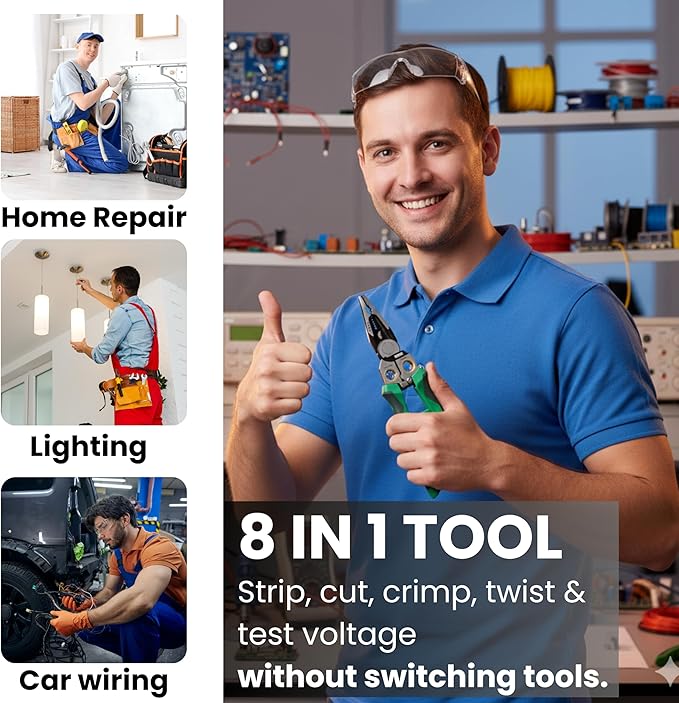 8 in 1 wire stripper with voltage tester and crimper electrician tools, herramientas electricas wire stripper, wire cutters and electrical tester, para electricista