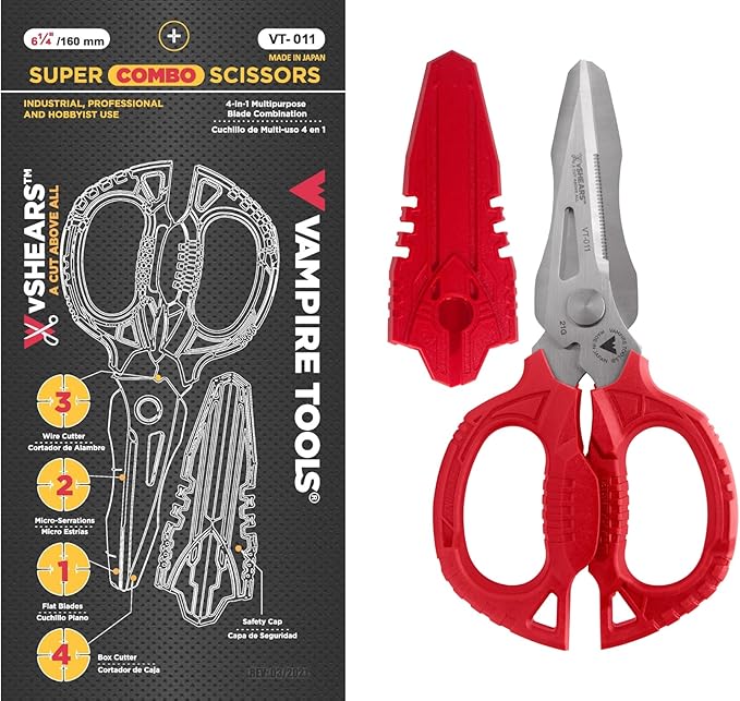 VAMPLIERS 6.3" Compact Heavy Duty Electrician Scissors. Made in Japan. 4-in-1 Multipurpose Blades.