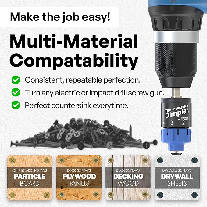 Adjustable DIMPLER ® - Drywall Bit & Screw Gun Attachment, Converts Drill into Drywall Screw Gun or Deck Screwdriver, Magnetic Bit Holder for Fast, Accurate Installation