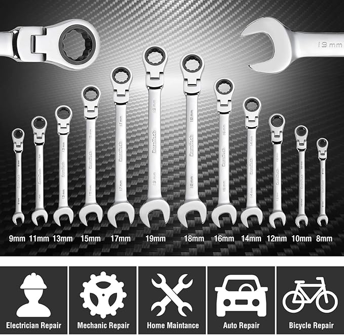 DURATECH Flex-Head Ratcheting Wrench Set, Combination Wrench Set, 72 Tooth, Metric, 12-piece, Size Covers 8-19mm, CR-V Steel, with Rolling Pouch