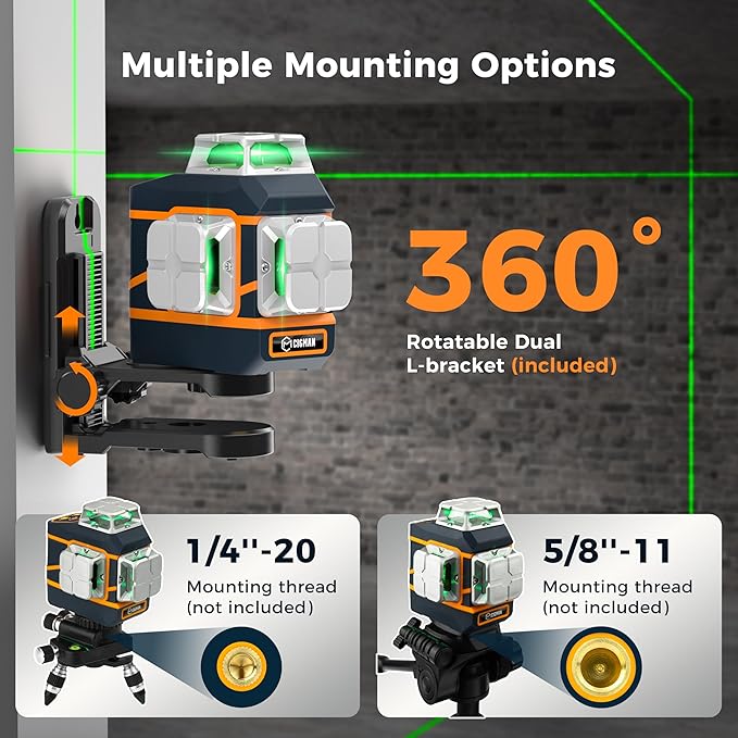 CIGMAN Laser Level CM-801 Laser Level Self Leveling 3x360째3D Green Cross Line for Decoration and Picture Hanging with Two Rechargeable Batteries, Remote Controller and Magnetic L-Shaped Bracket