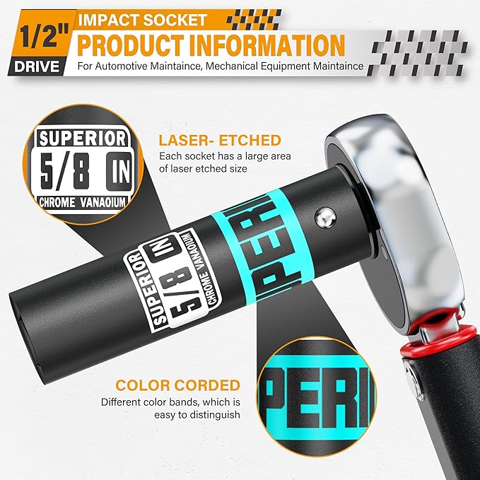 1/2" Drive Impact Socket, 5/8 inch Deep Socket, SAE, 6 Point, CR-V, for Car Repair, Loosen the Fastening Nut