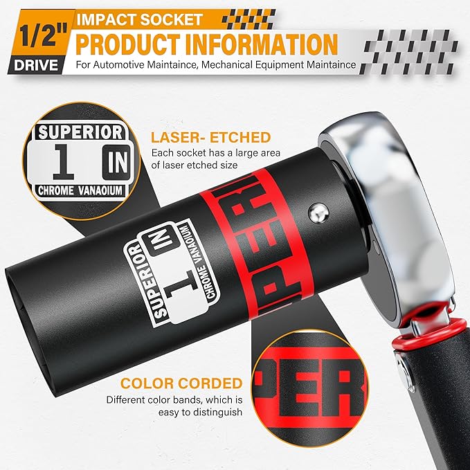 1/2" Drive Impact Socket, 1 inch Deep Socket, SAE, 6 Point, CR-V, for Car Repair, Loosen the Fastening Nut