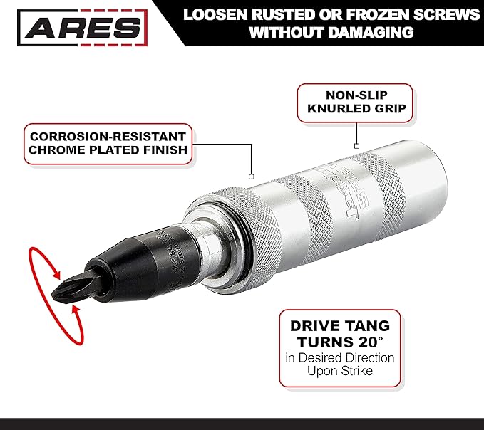 ARES 70006-3/8-Inch Drive Manual Reversible Impact Driver - Flathead 5/16-Inch, 3/8-Inch, and Phillips 2, 3 Bits Cover Most Common Applications - Disengage Rusted Fasteners or Frozen Bolts