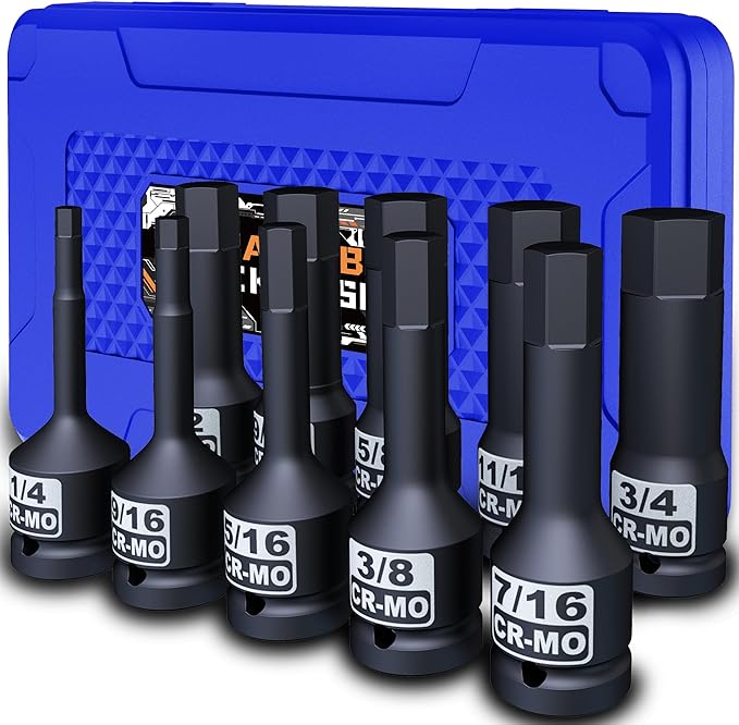 1/2" Drive Master Impact Hex Bit Socket Set, SAE, 10 Pieces 1/2" Drive Impact Allen Bit Socket Set, 1/4" - 3/4", Cr-Mo Steel, Heavy Duty Storage Case