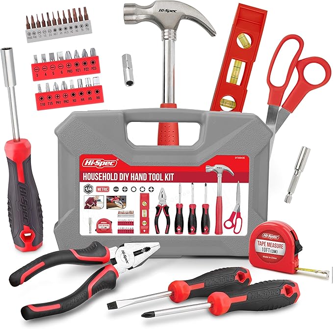 Hi-Spec Tool Set Kit, Red Household First Tool Kit and Starter Tool Set for Home and Office, Compact Easy Carry Toolbox