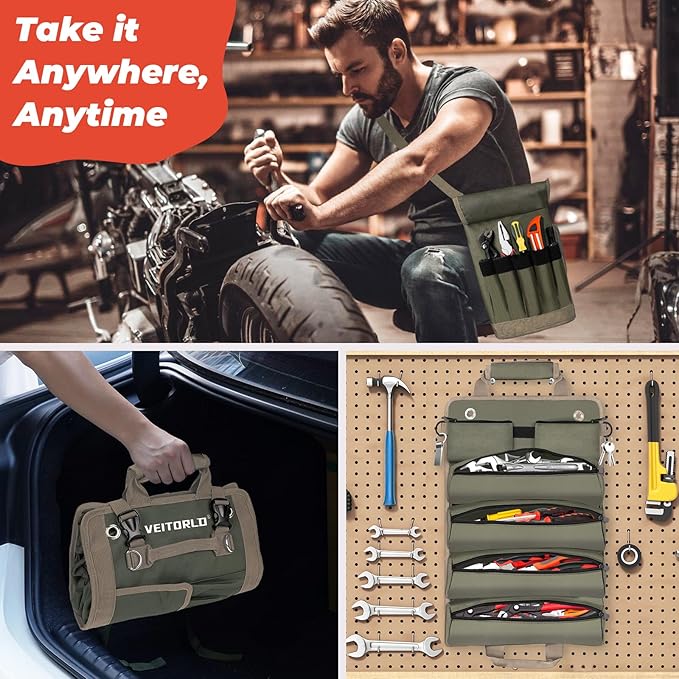 Tool Roll Up Bag, Gifts for Him Men Dad Husband Boyfriend Valentines Day, Portable Tools Box Storage for Men, Heavy Duty Tool Organizer W/Detachable Pouches for Electrician Mechanic Carpenter