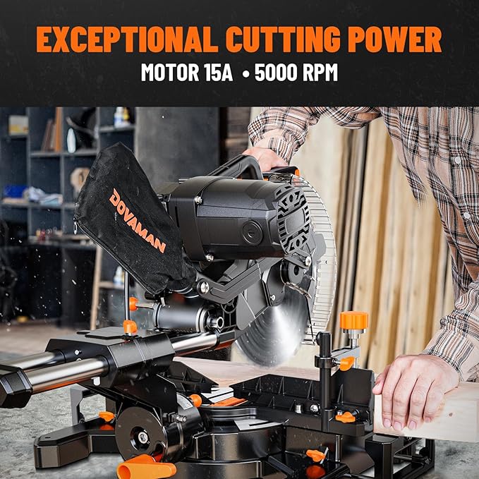 DOVAMAN Updated 10-Inch Dual Bevel Sliding Miter Saw, Multi-Material Cutting w/ 3 x TCT Blades, 2-Speed 5000/3200 RPM, LED Shadow Line, 0-45° Bevel & Miter Cut, Max Cut 3.5" x 13.4", 9 Positive Stops