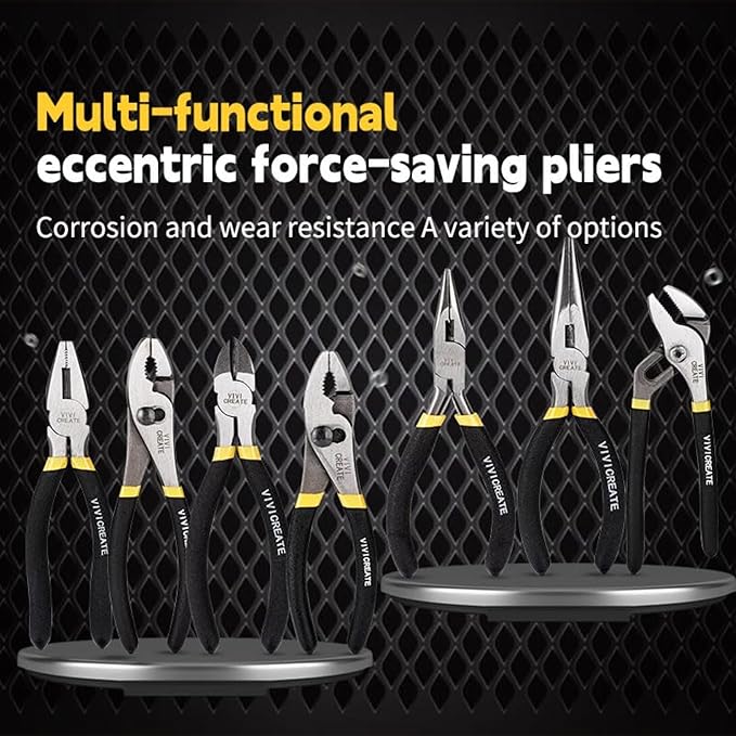 Vivicreate 7-Piece Pliers Set Heavy Duty Multipurpose Tools for Home Repair DIY Auto Electrical Work Includes Long Nose Slip Joint Linesman and Diagonal Pliers Alicates de Corte Herramientas