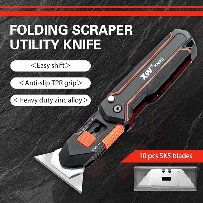 XW Folding Scraper Utility Knife,Heavy Duty Zinc Alloy Multi-functional Tool with 10 PCS SK5 Extra Replacement Blades