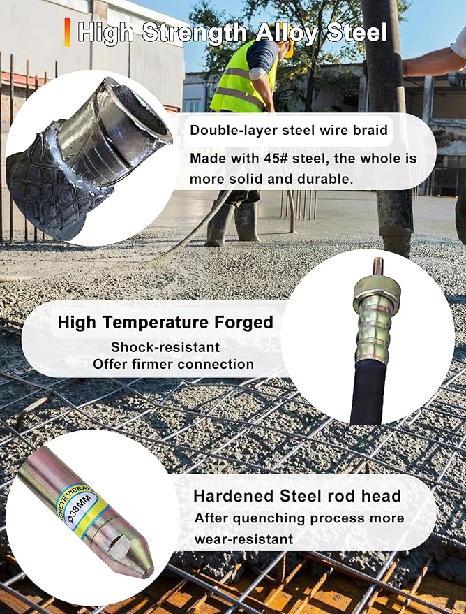 Concrete Vibrator, 1600W 2HP 18000RPM, 14-3/4ft Flexible Shaft, Electric Concrete Vibrating Tool, Hand Held Power Concrete Vibrators, Portable for Construction, Remove Air Bubbles Level Tool