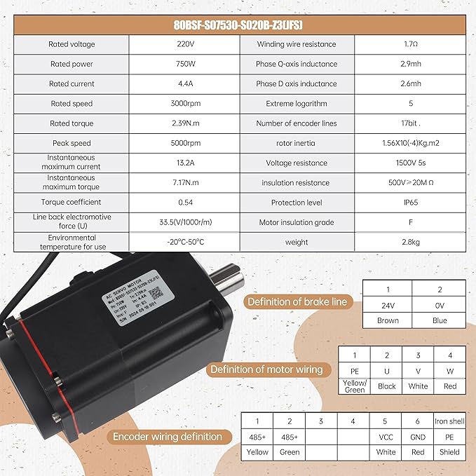 with Brake 750W AC Servo Motor Kit, CNC 220V 4.4A 3000rpm L3000 17-bit Encoder RS485 Servo Motor Driver Controller Kit for CNC Engraver Milling Machine/Robot