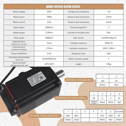 with Brake 750W AC Servo Motor Kit, CNC 220V 4.4A 3000rpm L3000 17-bit Encoder RS485 Servo Motor Driver Controller Kit for CNC Engraver Milling Machine/Robot