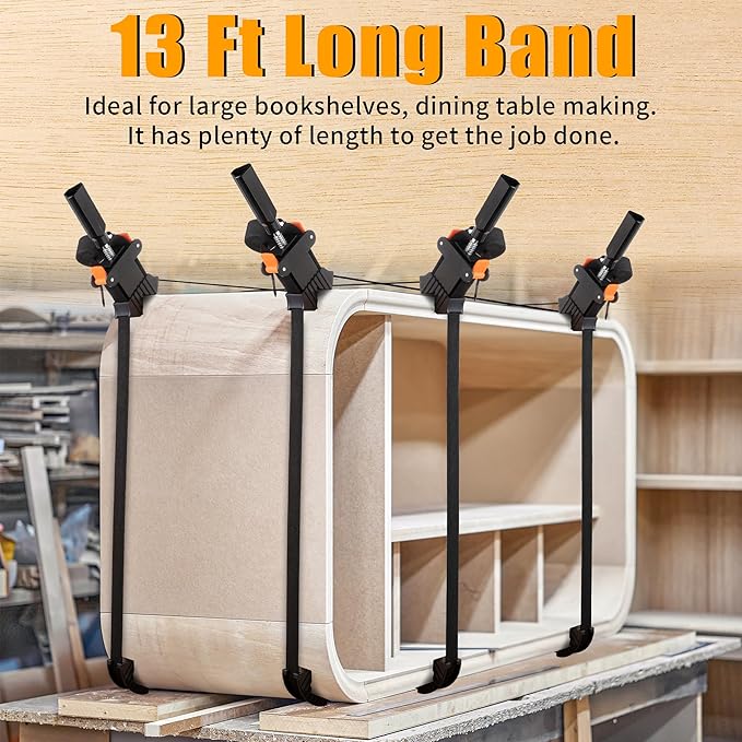 Feekoon 4 Packs 13 FT Belt Band Strap Clamps for Woodworking, Quick Release Band Clamps with 4 Corner Claws, Thick and Sturdy Belt Clamp, Adjustable Picture Frame Clamp Tool