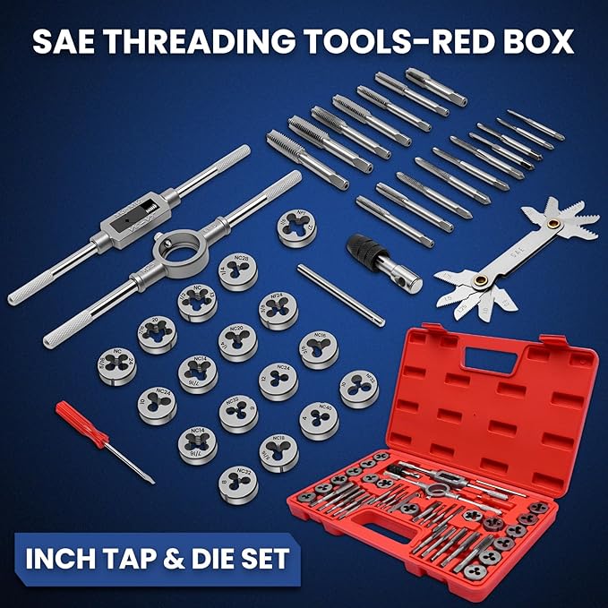 40 PCS SAE Tap and Die Set, Standard Inch Threading Tool Kit for Internal and External Threads, Tap & Die Set with Wrenches for Automotive, DIY, and Metal Repair
