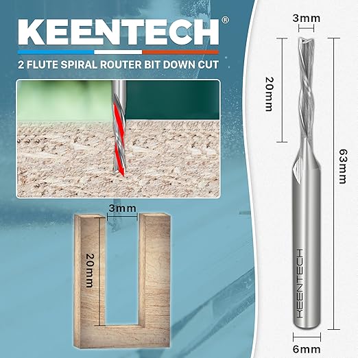 KEENTECH 6mm Shank Downcut 2 Flute Flat Tip Sprial Router Bit for CNC Router Machine, 3mm Cutting Diameter, 20mm Cutting Depth, for Wood Cutting, Custom Furniture, Slot Mortise, Engraving, Carving