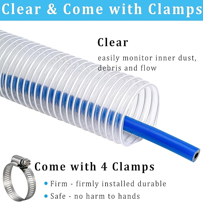 Dust Collection hose 2-1/2 in 횞 10 ft Clear Flexible PVC Fume Hose with Carbon Steel Wire for Dust Collector Table Saw Planer Woodworking, Lightweight and Puncture Resistant, with 4 Clamps