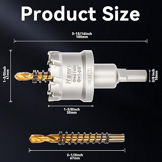 Hole Saw 1-5/8" (41mm) Heavy Duty Carbide with 2 Pilot Drill Bits - Metal Hole Cutter Cuts Stainless Steel, Iron, Copper, Brass, Plastic