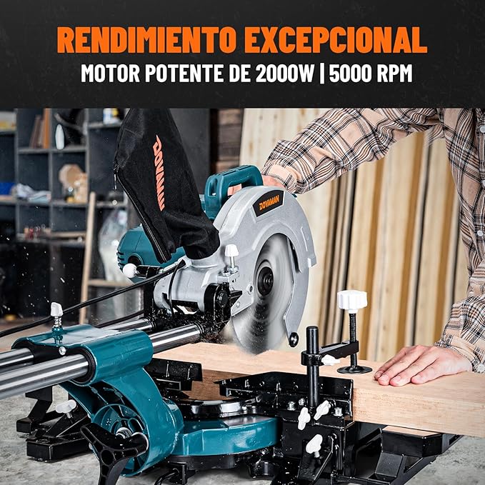 DOVAMAN Updated 10-Inch Sliding Miter Saw, Multi-Material Cutting w/ 3 x TCT Blades, Ambidextrous Operation, 5000/3200RPM Speed, Laser Guide, 0-45° Bevel Cut, Max Cut 3.5x13.4in, 9 Positive Stops
